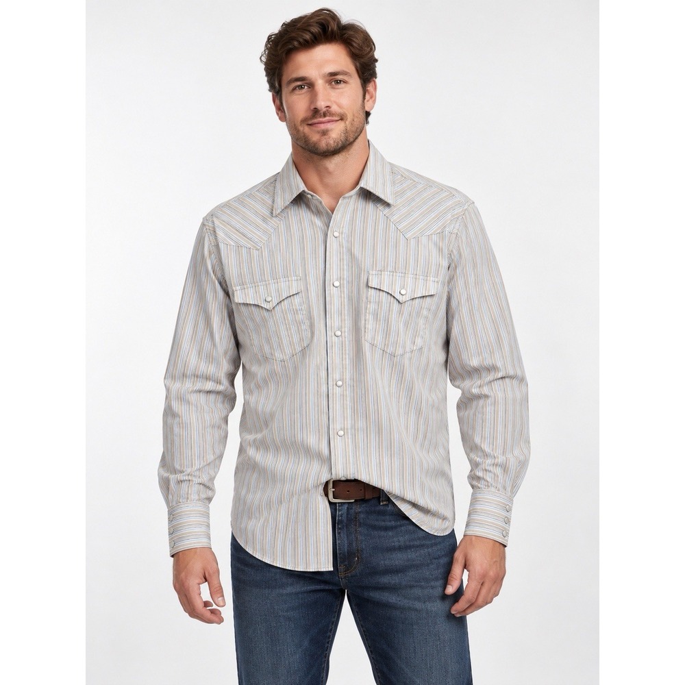 Panhandle Mens M Long Pearl Snap Western Shirt Striped Cowboy Cotton Blend